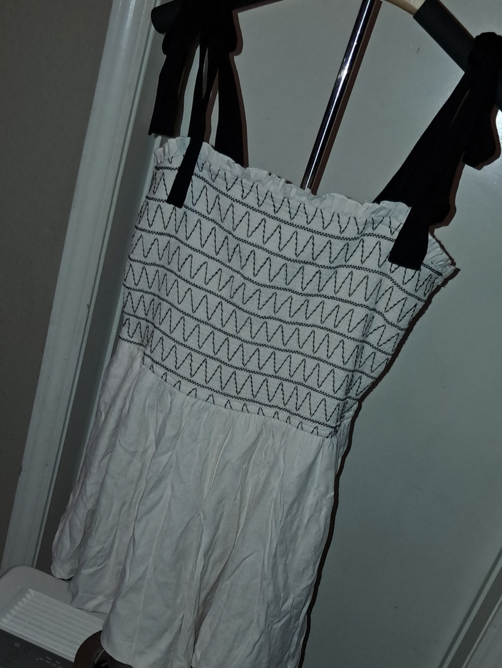 Trixxi White Smocked Tank Romper with Black Tie Straps